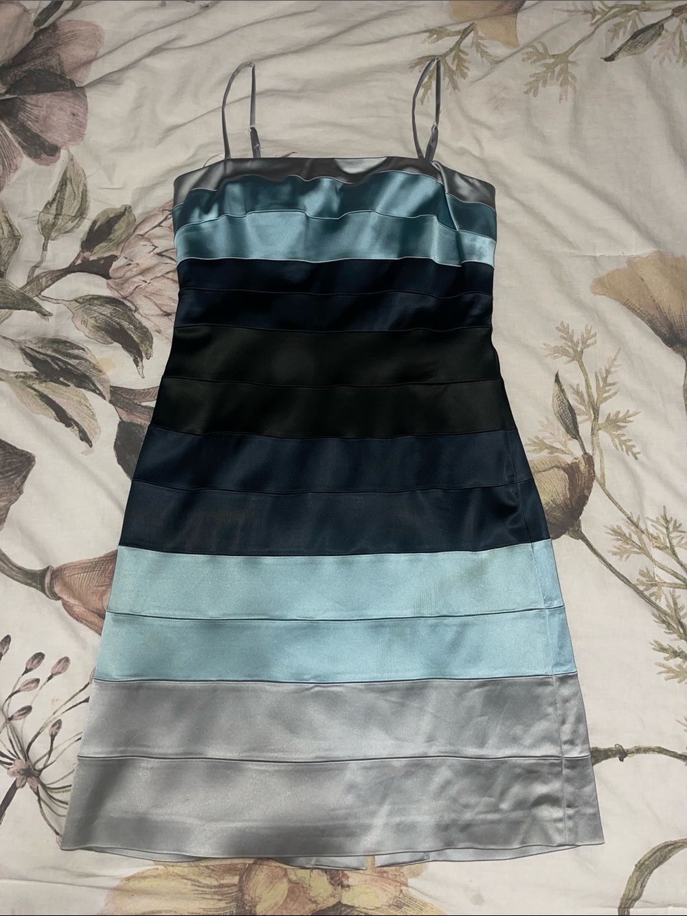 Striped Satin Spaghetti-Strap Mini Dress in Blue and Gray